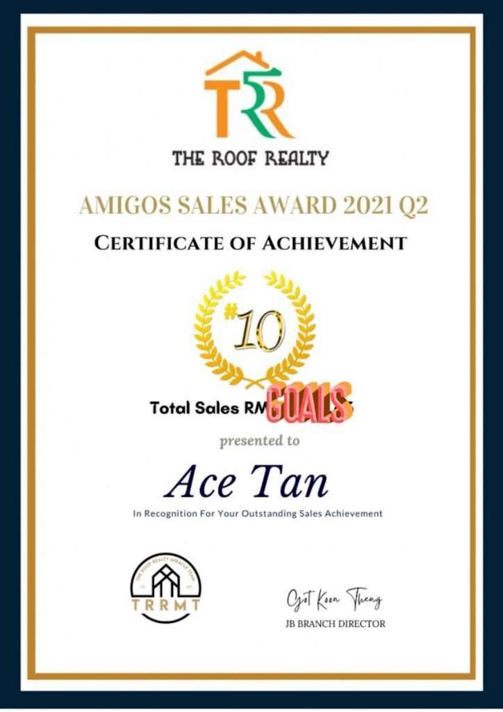 Ace Tan Property Agent Certificate of Achievement Q2 2021